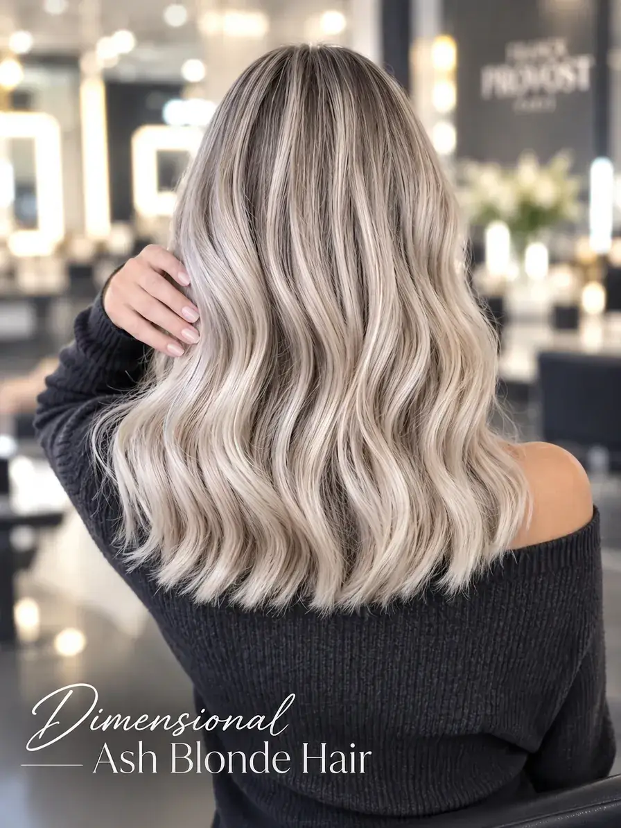 Dimensional ash blonde hair colour and soft waves at Franck Provost Riyadh